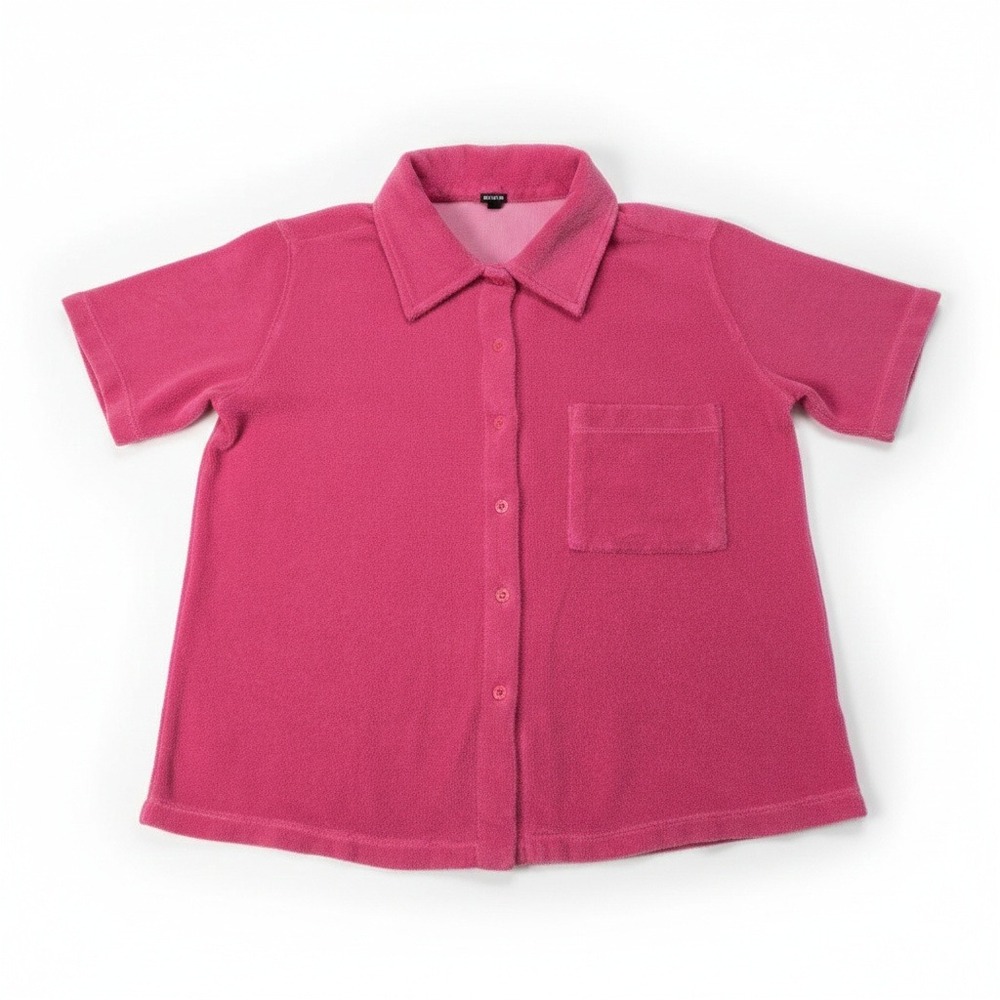 MONROW Pink Terry Cloth Button Down Shirt S Short Sleeve‎ Knit Top Made in USA